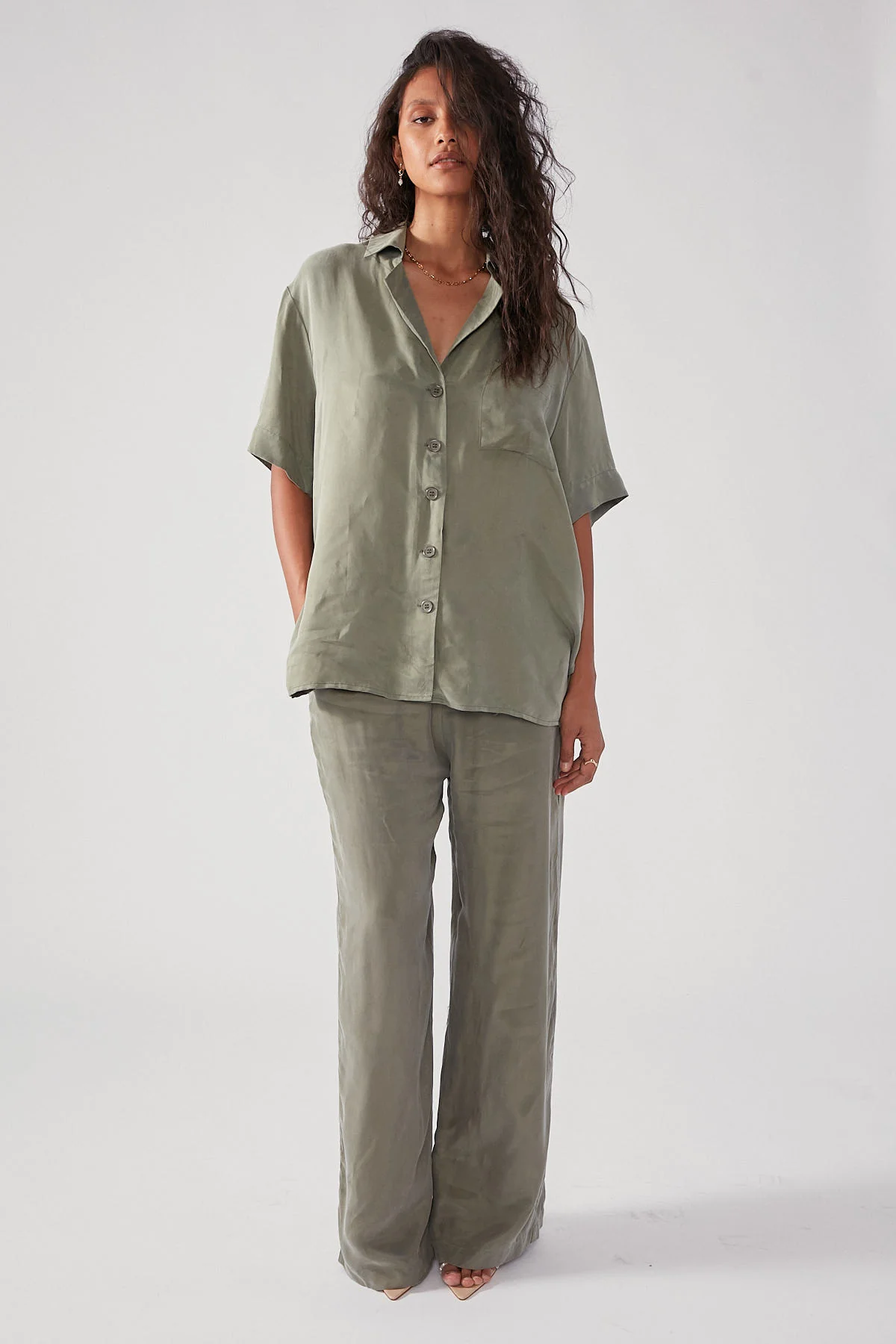 Perfect Stranger Ace Cupro Button Up Shirt Sage