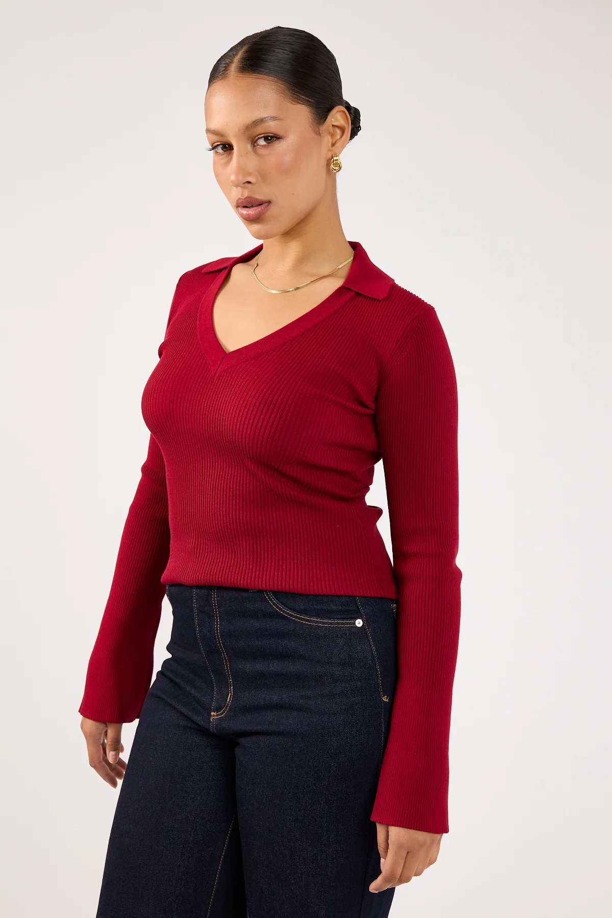 Perfect Stranger Fiorelle Knitted Long Sleeve Polo Burgundy - Image 4