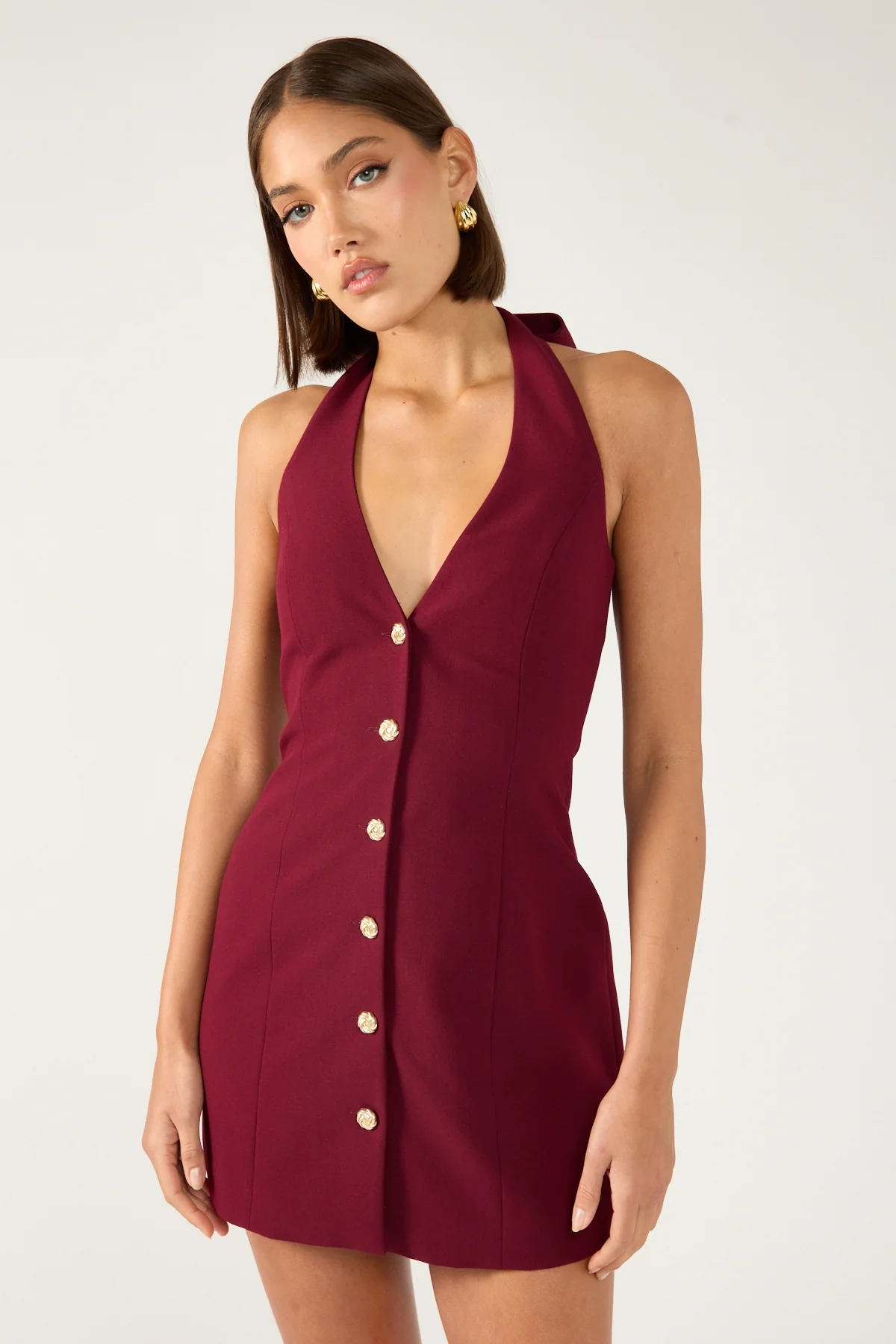 Perfect Stranger Halter Suiting Vest Mini Dress Burgundy - Image 2