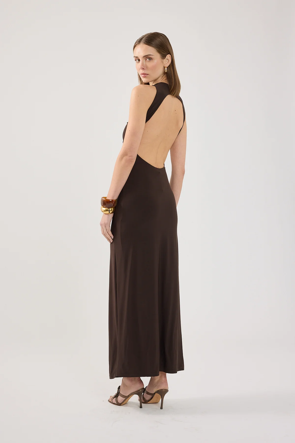 Perfect Stranger Havana High Neck Open Back Maxi Dress Brown - Image 4