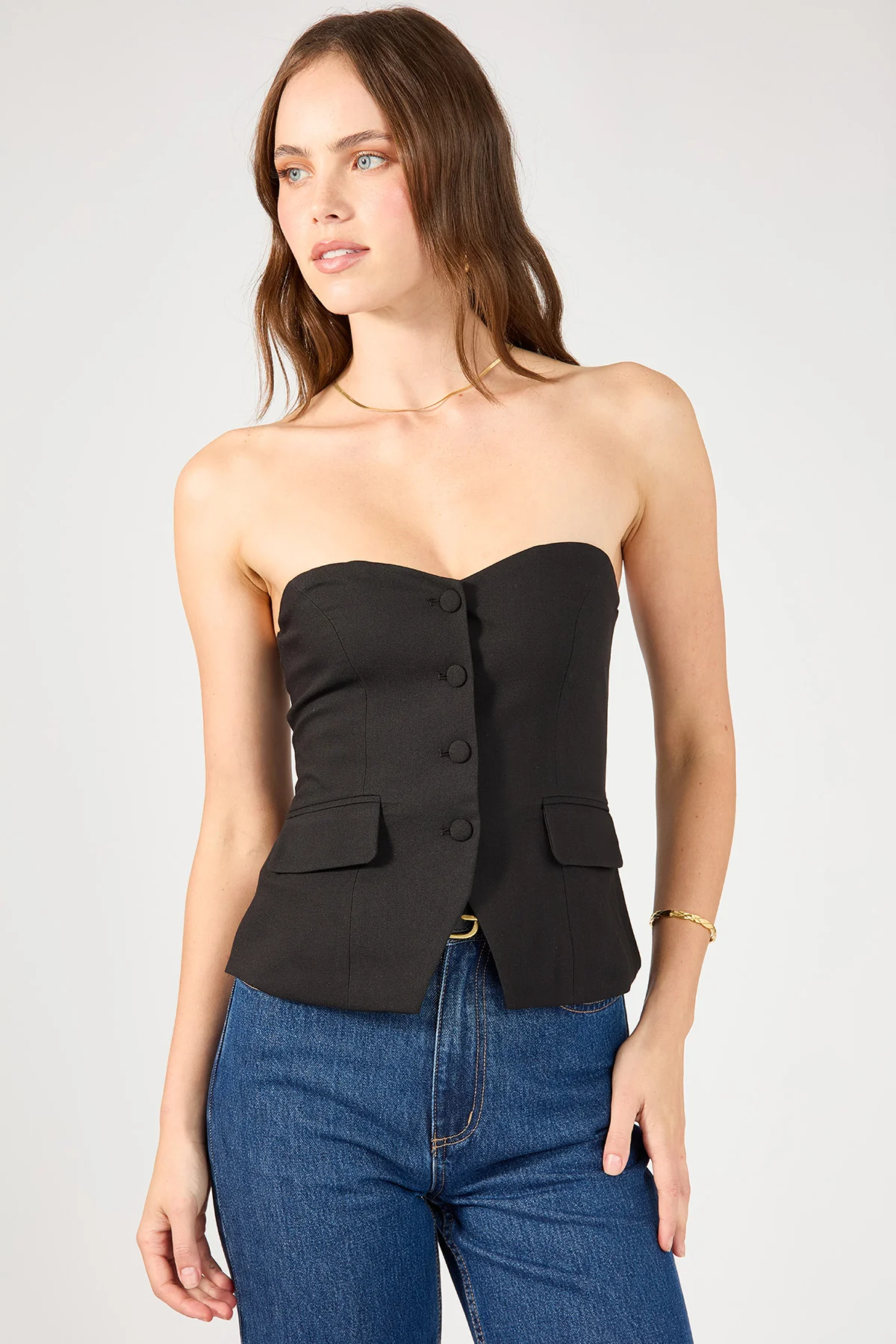 Perfect Stranger Luca Strapless Button Up Top Black - Image 3