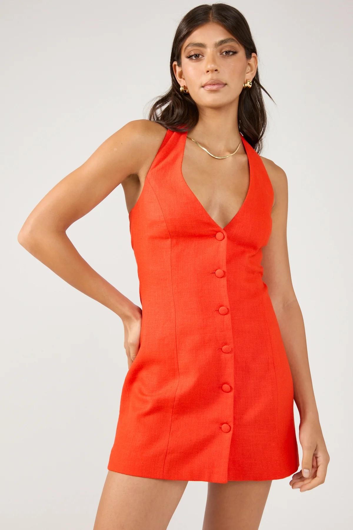 Perfect Stranger Menorca Halter Button Linen Mini Dress Red - Image 2