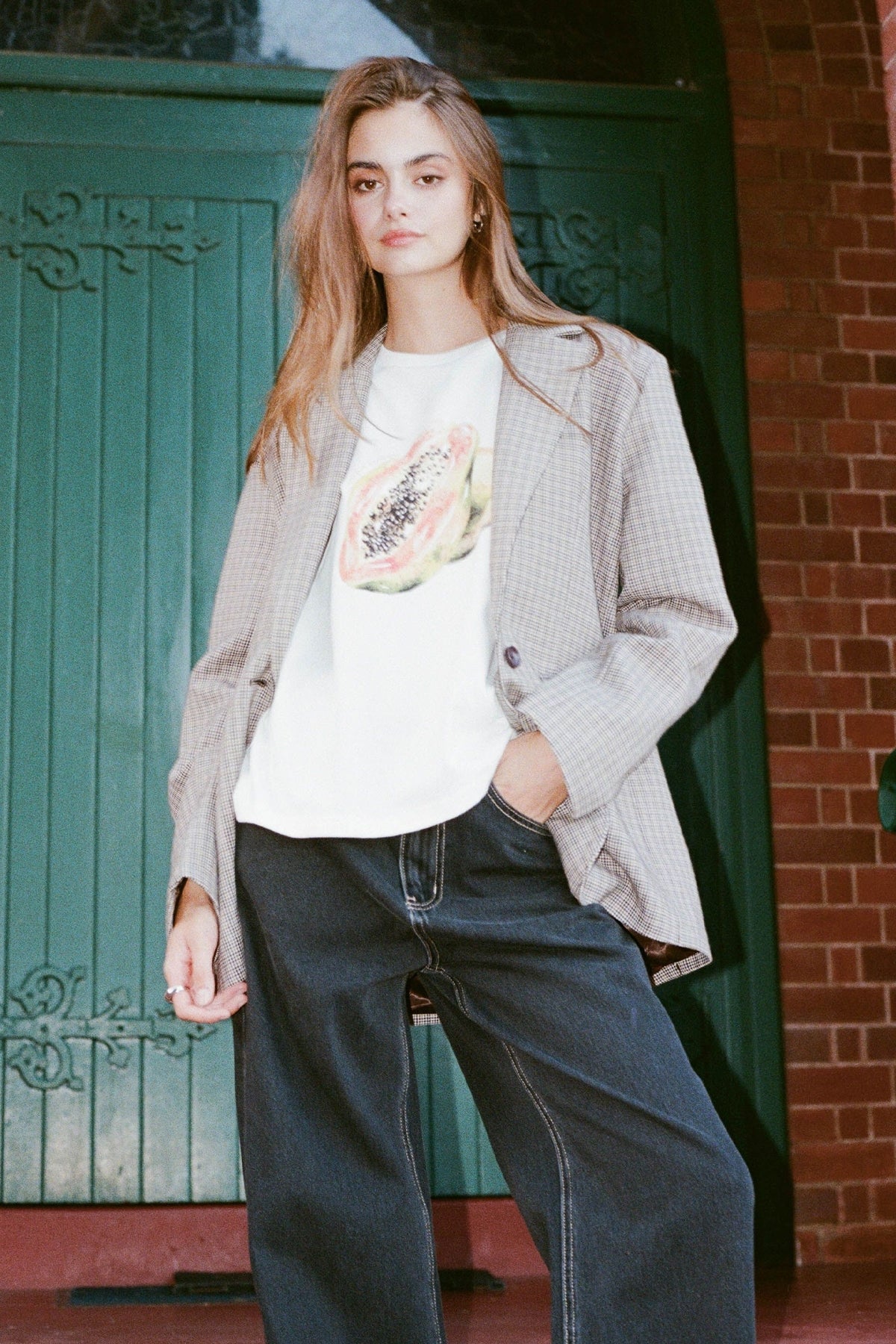 Perfect Stranger Mirella Long Line Blazer Brown Check - Image 2
